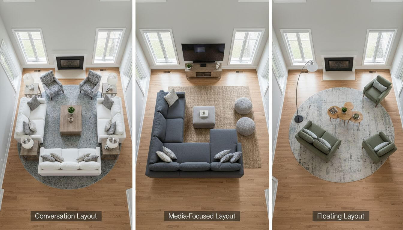 Three different furniture layout options for the same living room shown side by side