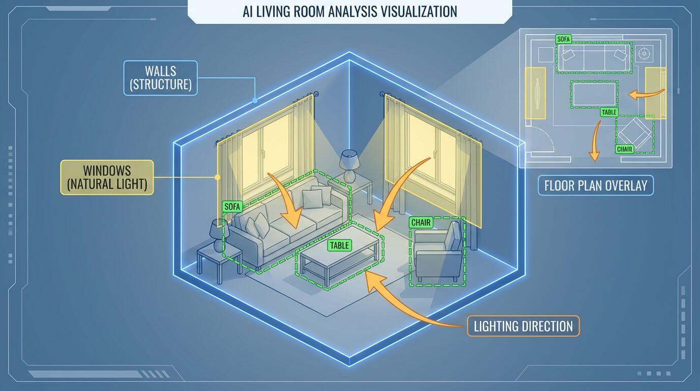Diagram showing how AI analyzes living room structure, lighting, and furniture placement
