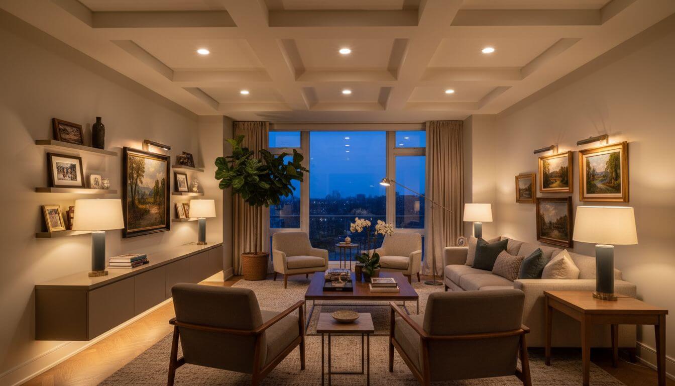 Living room showing three layers of lighting - ambient, task, and accent lighting working together