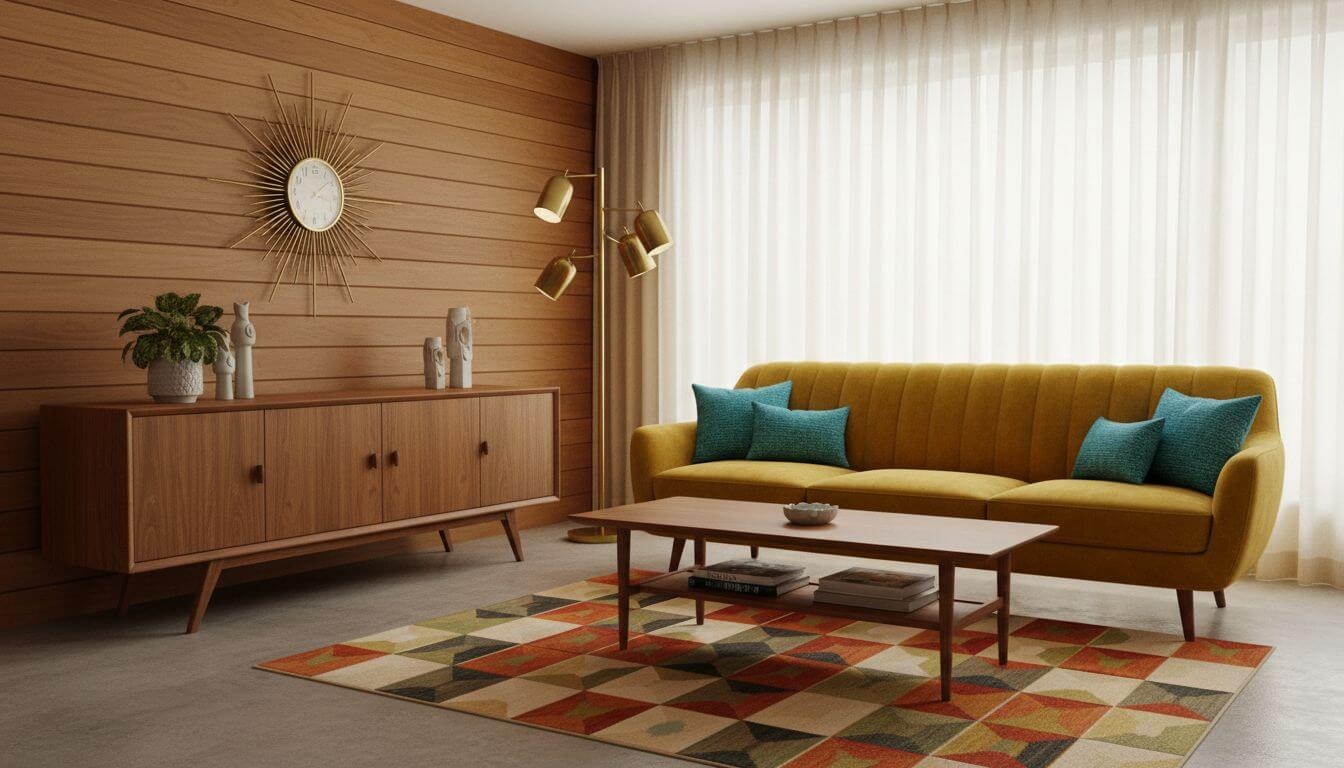 Mid-century modern living room with teak furniture, geometric patterns, and retro color palette