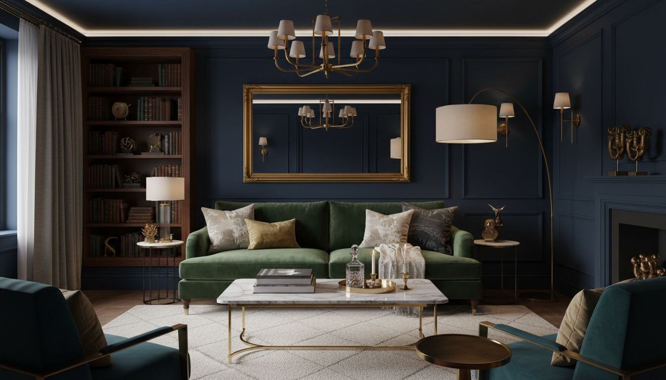 Sophisticated living room with dark navy walls, brass accents, and luxurious fabrics