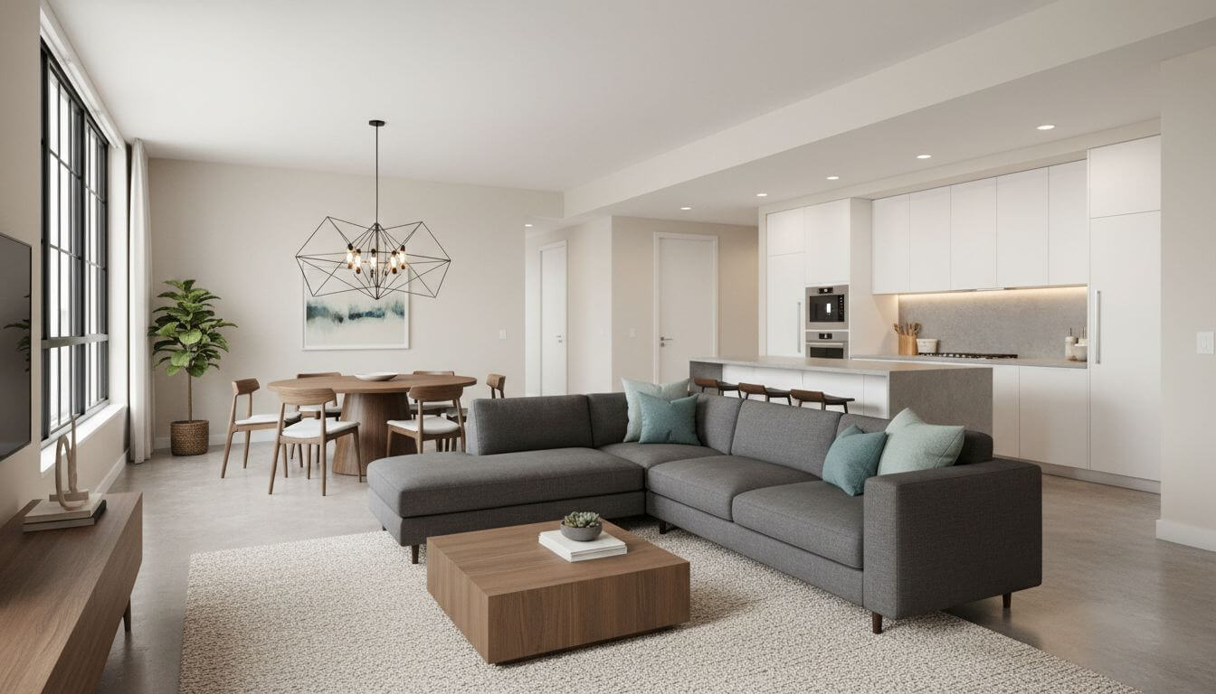 Open concept living space showing clear zoning between living room, dining, and kitchen areas