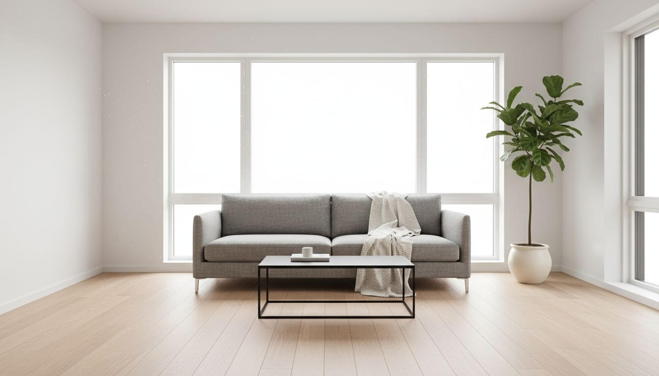 AI-generated Scandinavian minimalist living room with white walls, light wood floors, and simple modern furniture