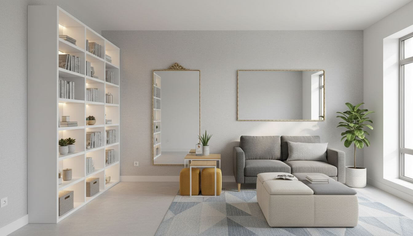 Small living room optimized with AI design showing space-saving furniture and smart layout