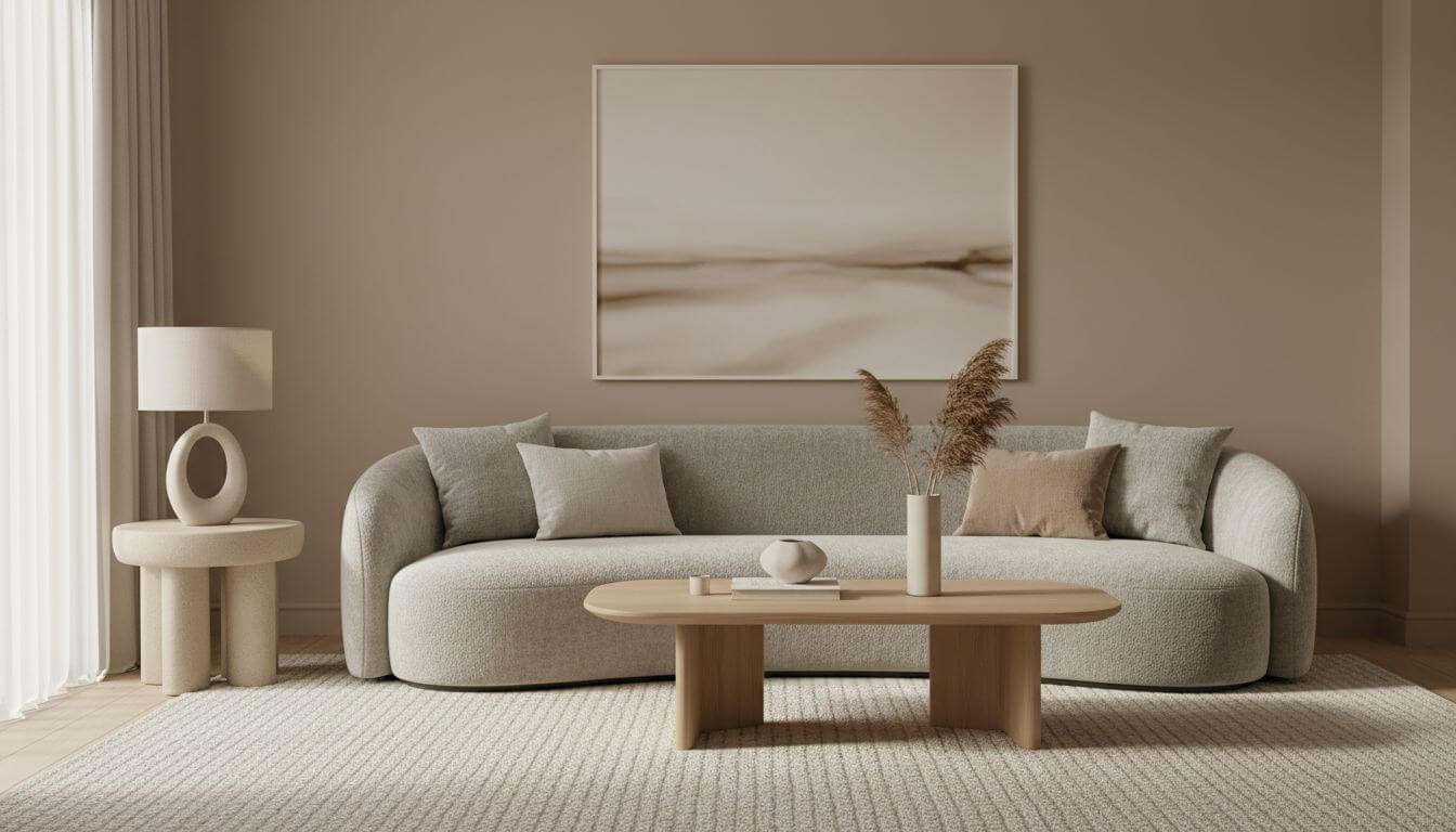 Warm minimalist living room with bouclé sofa, greige tones, and organic shapes