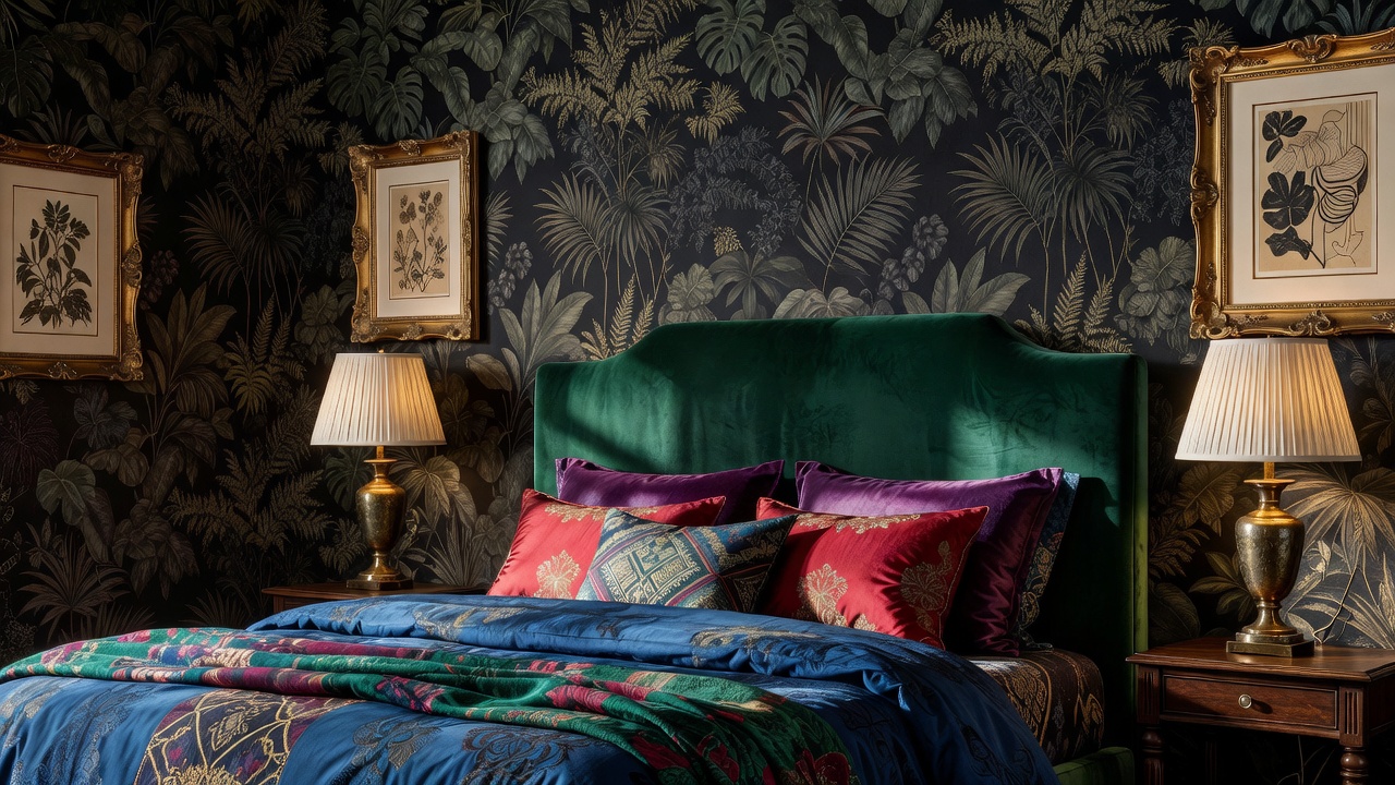 Une chambre maximaliste photoréaliste avec un papier peint à motifs, une tête de lit en velours émeraude, des textiles superposés et un éclairage d'appoint en laiton