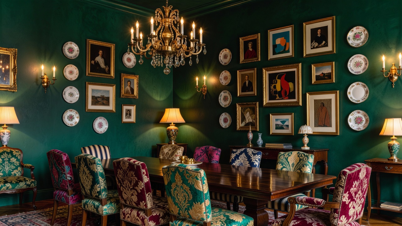Une salle à manger maximaliste photoréaliste avec un mur d'accent émeraude profond, un lustre en laiton, un mur de cadres d'art et des chaises de salle à manger à motifs mélangés