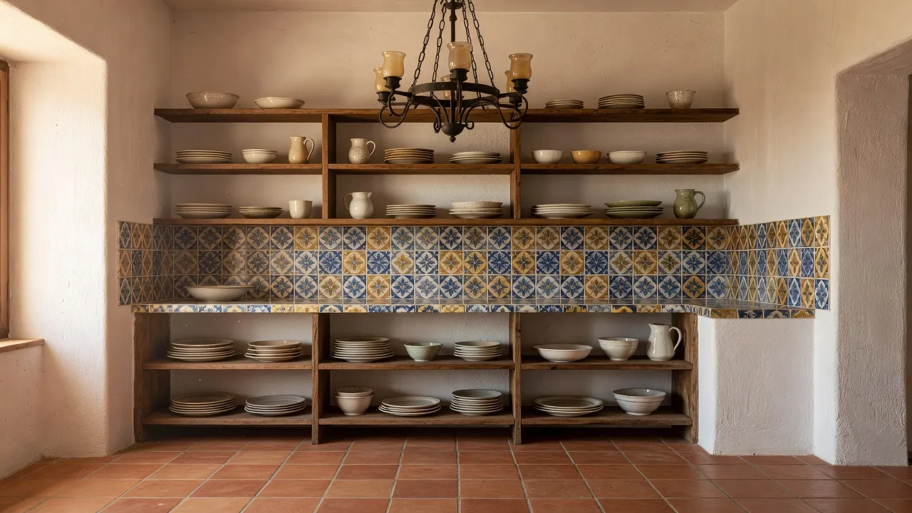 Une cuisine méditerranéenne photoréaliste avec un carrelage au sol en terracotta, des murs en plâtre blanchi à la chaux, des étagères ouvertes en bois et une crédence en carreaux de céramique émaillés à la main, générée par IA pour le design d'intérieur