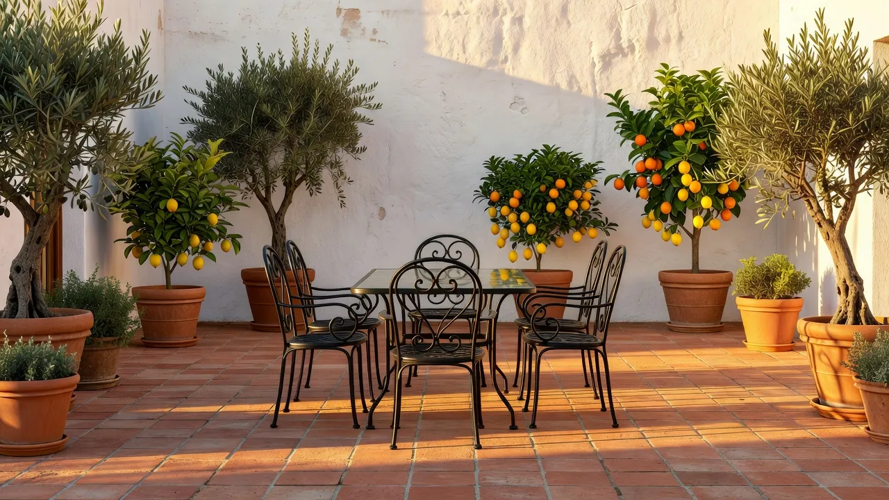 Un patio extérieur méditerranéen photoréaliste avec des pavés en terracotta, du mobilier en fer forgé et des oliviers en pot, généré par IA pour le design d'intérieur