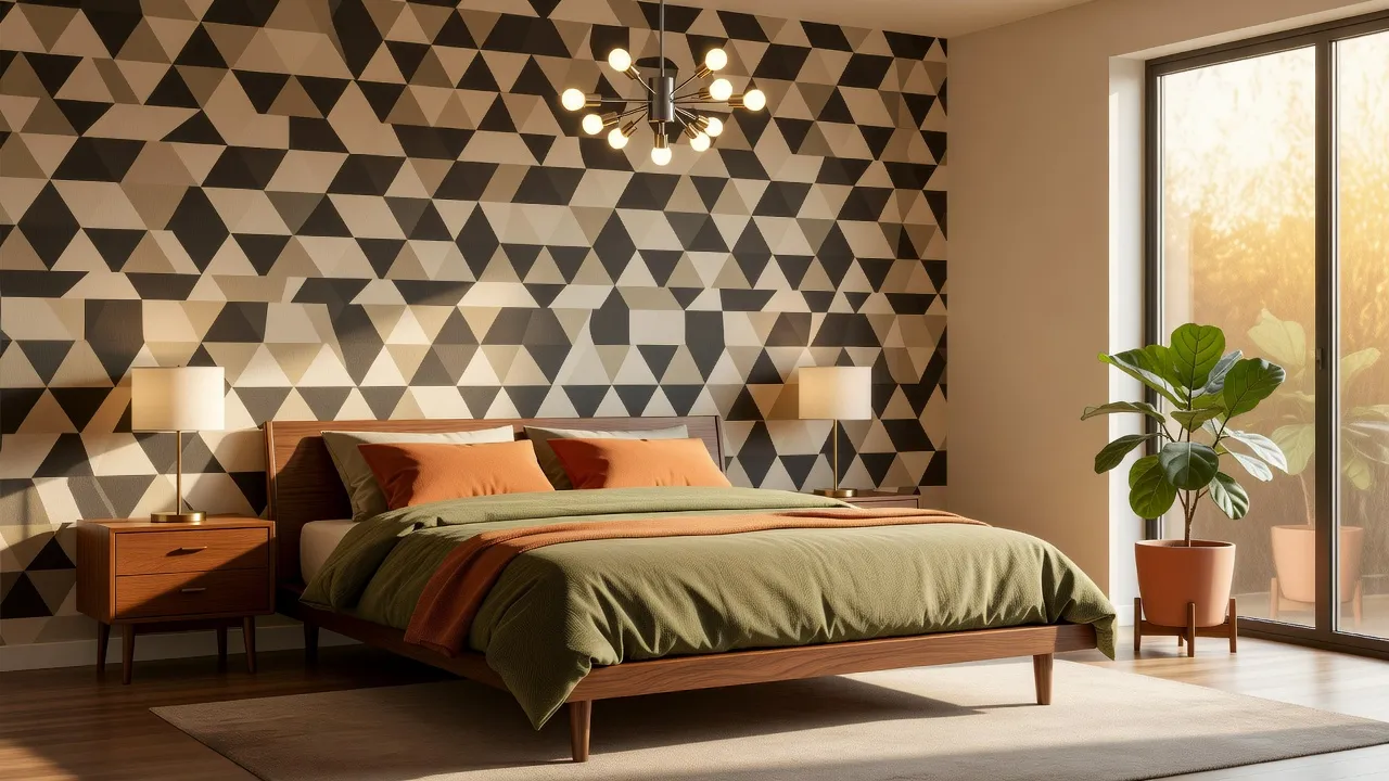 Mid-century modern bedroom with a low walnut platform bed, teak nightstands, olive and orange bedding, sputnik pendant light, and a geometric accent wall generated with AI