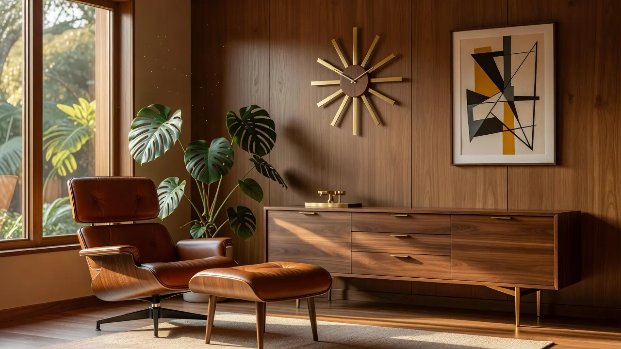 Mid-century modern living room with a cognac leather lounge chair, walnut credenza, starburst clock, and warm wood paneling designed with AI interior design