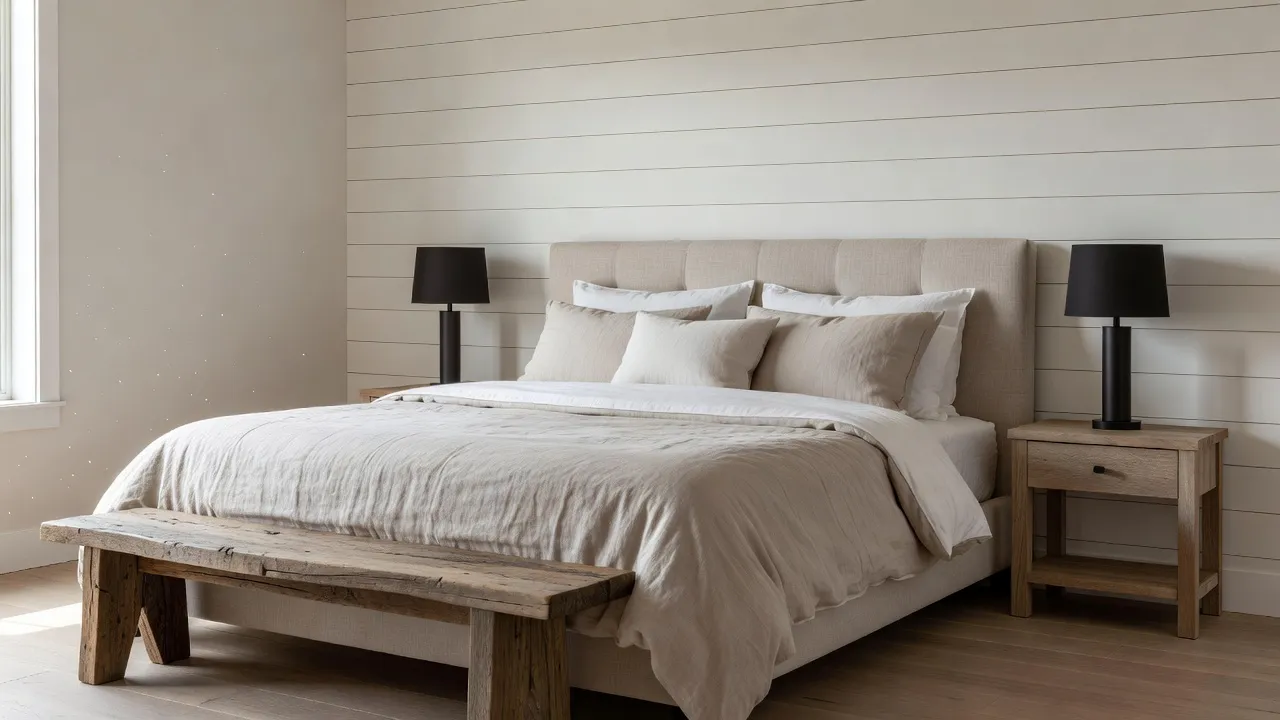Serene modern farmhouse bedroom with a shiplap accent wall, upholstered headboard, layered white and oatmeal linen bedding, and a reclaimed-wood bench, created with AI interior design