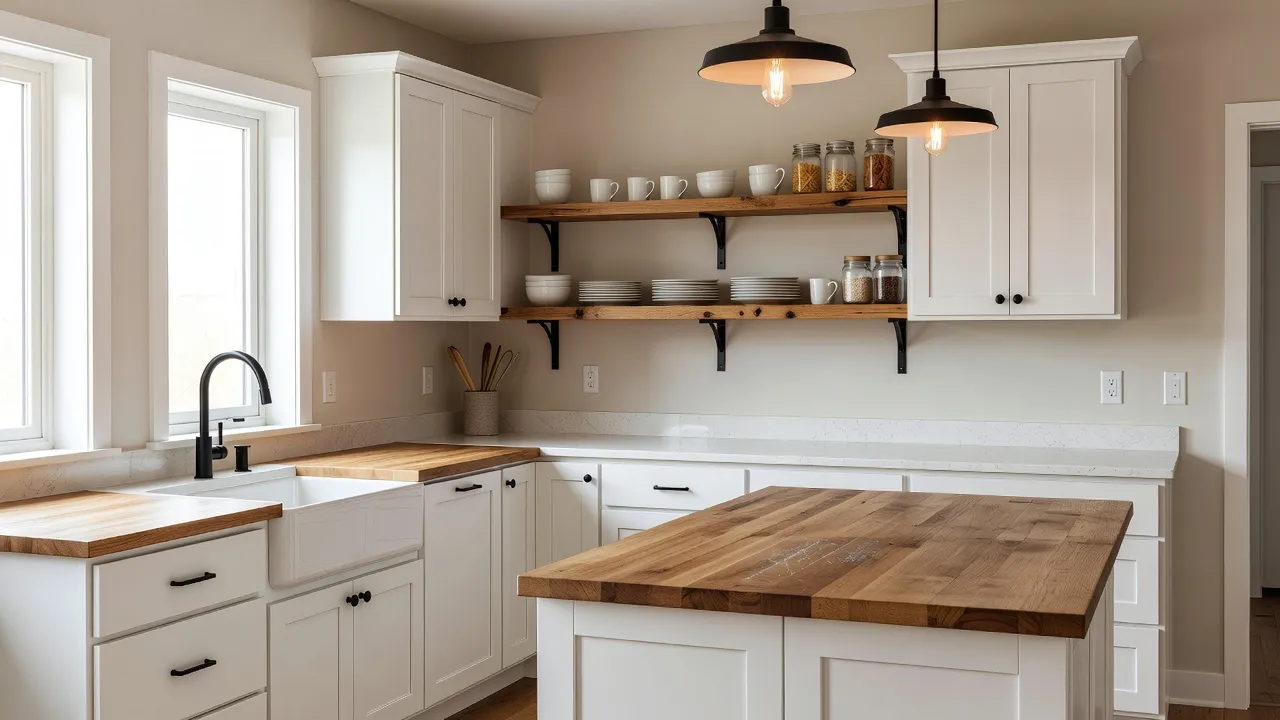 Modern farmhouse kitchen with white shaker cabinets, a farmhouse apron sink, butcher-block and white countertops, black hardware, and open wood shelving, created with AI interior design