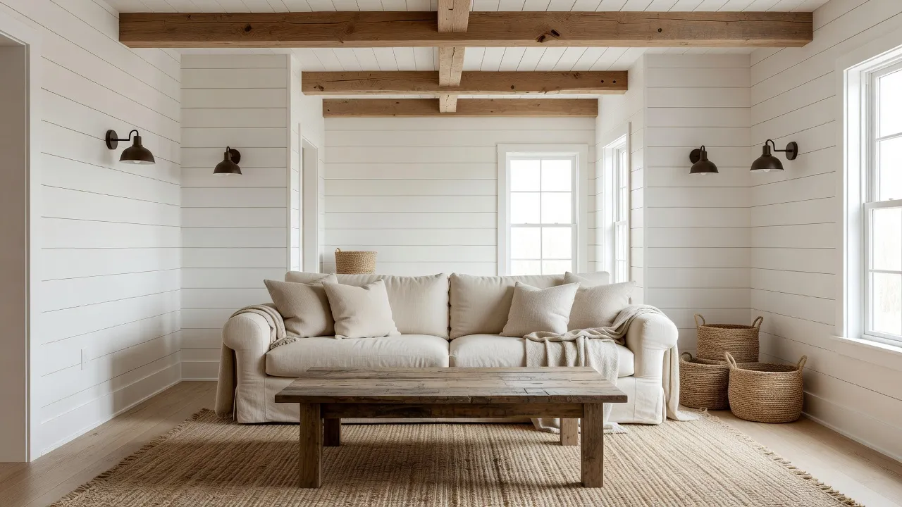 Modern farmhouse living room with white shiplap walls, exposed wood beams, a slipcovered linen sofa, warm neutral textiles, and black metal accents, designed with AI interior design