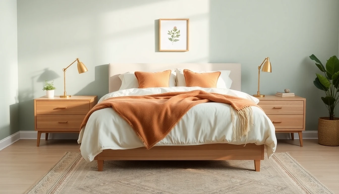 AI interior mood board showing a bedroom in sage green accent wall, cream linen bedding, light oak nightstands, and brass lamps
