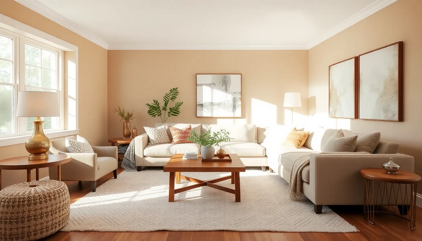 AI mood board creator showing a fully realized living room in warm neutrals with linen sectional, oak coffee table, and cohesive styling
