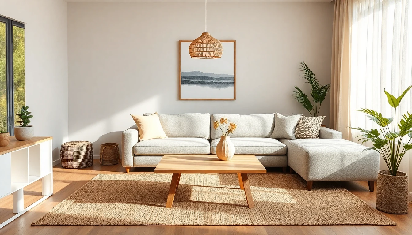 Design mood board in Japandi style executed with low-profile linen sofa, light oak coffee table, paper pendant, and zen atmosphere