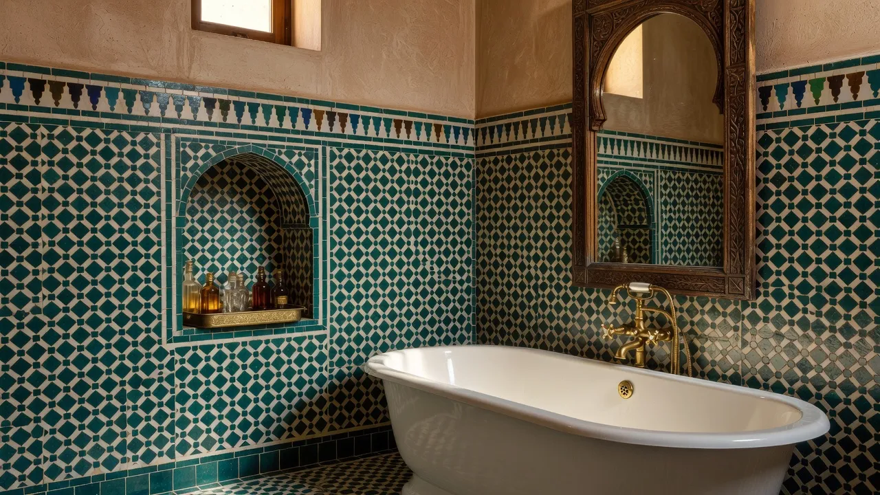 A photorealistic Moroccan-style bathroom with hand-cut zellige tile walls, a carved wood mirror frame, brass fixtures, and an arched niche