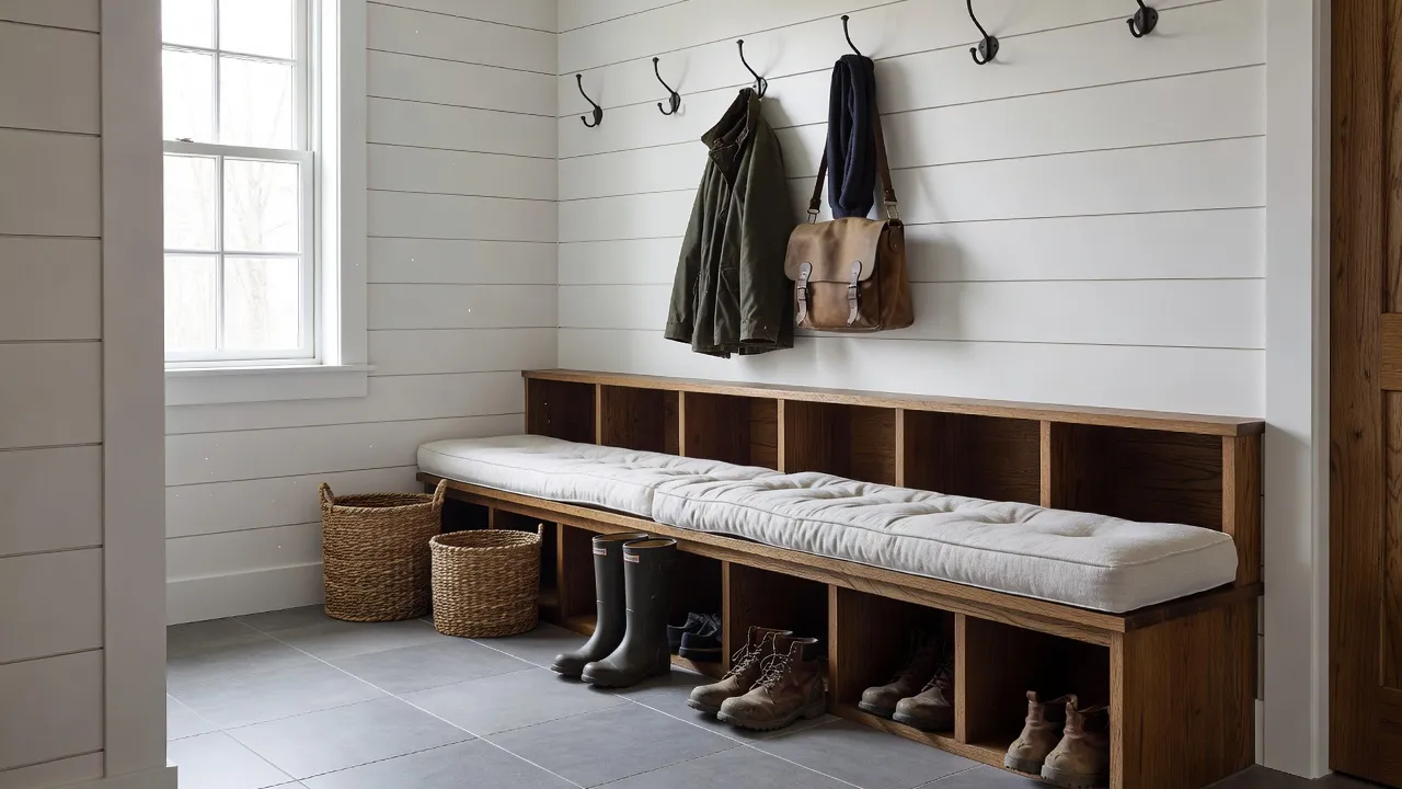 A photorealistic farmhouse mudroom with a built-in wood bench, open cubbies, wall hooks with coats, and slip-resistant tile flooring, designed with ai mudroom design