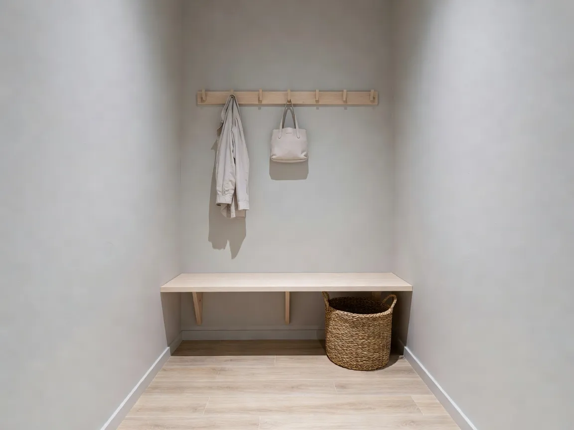 A small narrow mudroom with a slim wall-mounted bench, wall hooks, and a woven storage basket, designed with ai mudroom design