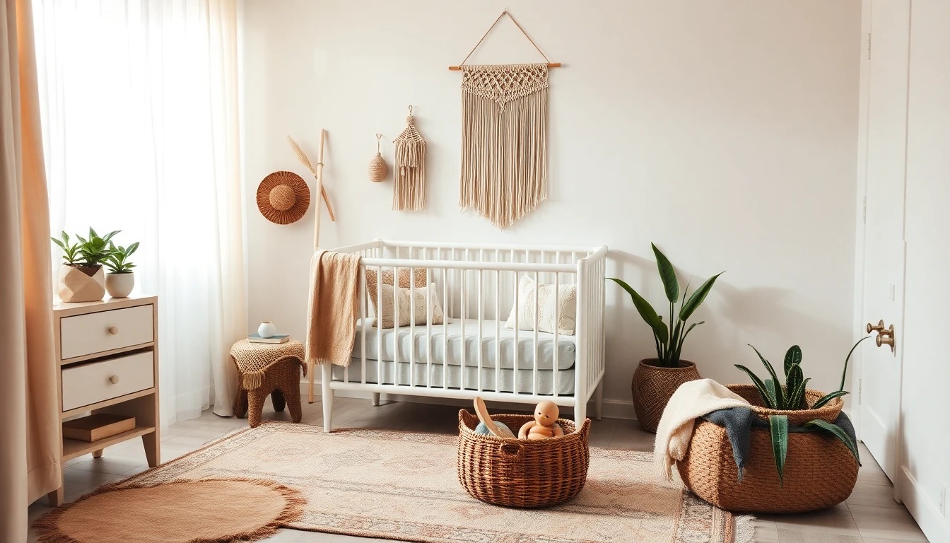 AI baby room design in bohemian style with white crib, macrame wall hanging, woven mobile, earth tone textiles, and trailing plants