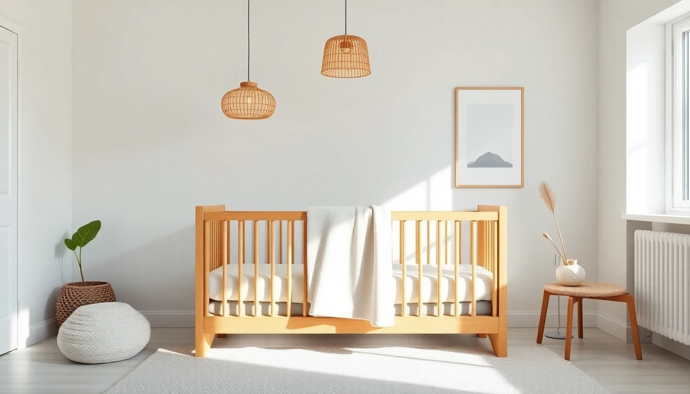 AI nursery design in Scandinavian style with light oak crib, white walls, linen bedding, paper pendant, and single indoor plant