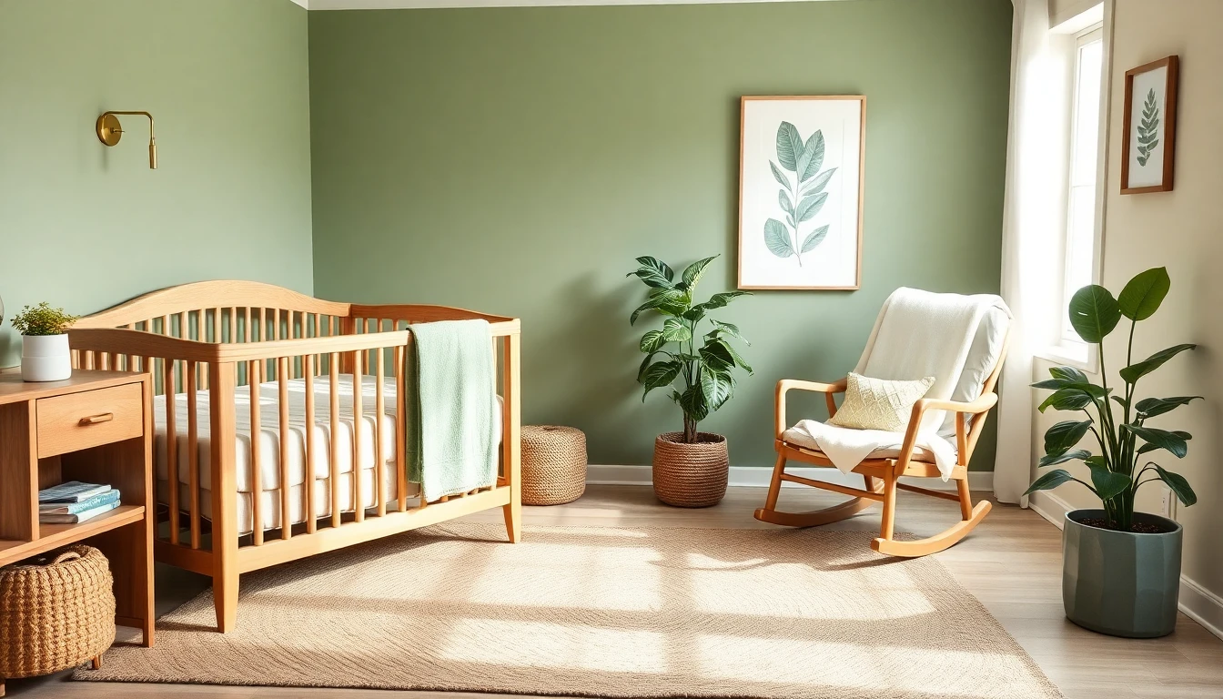 AI nursery gender neutral design with sage green accent wall, natural wood crib, organic bedding, brass wall sconce, and botanical prints