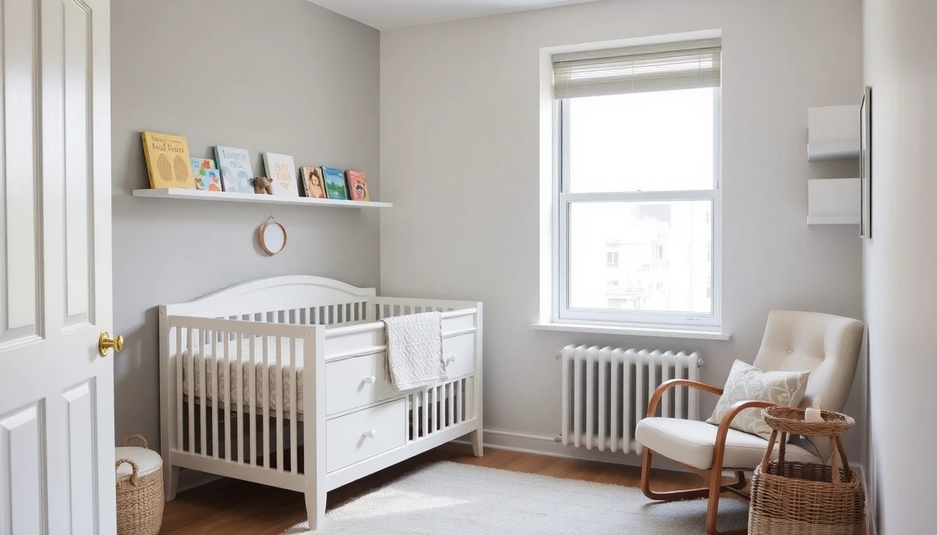 AI small nursery design in compact apartment with white convertible crib, dresser changing table, glider, and wall-mounted shelves
