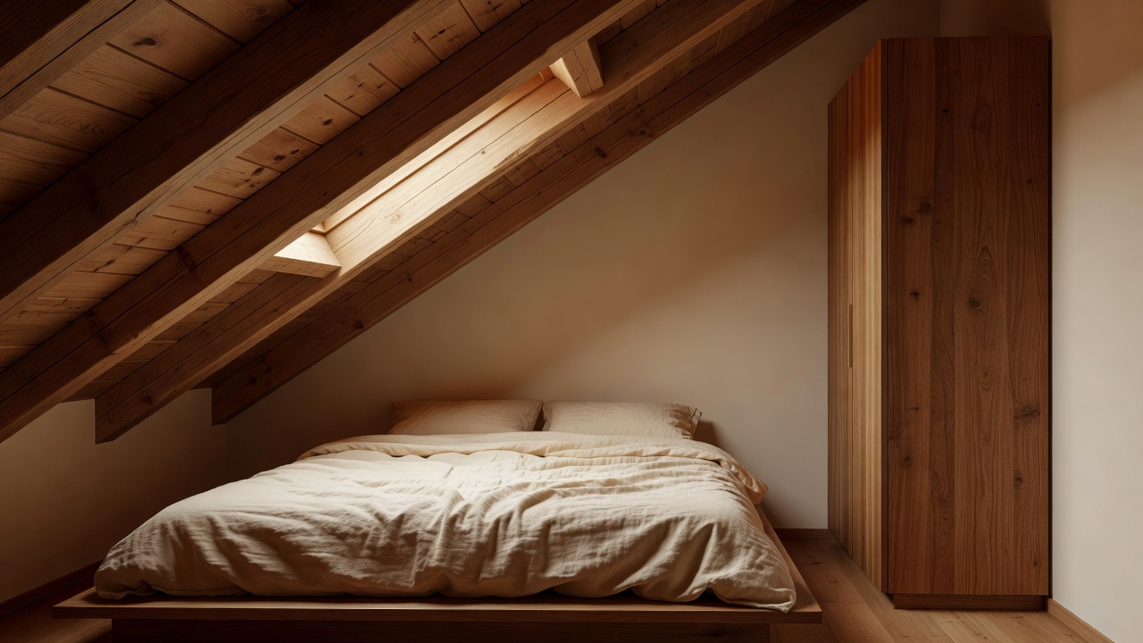 Um quarto de sótão fotorrealista com uma cama baixa colocada debaixo do teto inclinado e um roupeiro alto posicionado onde o teto está mais alto, gerado com design de interiores com IA