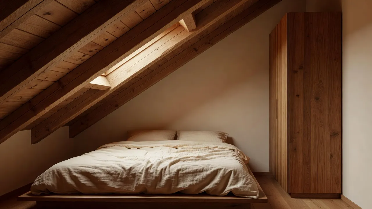 Um quarto de sótão fotorrealista com uma cama baixa colocada debaixo do teto inclinado e um roupeiro alto posicionado onde o teto está mais alto, gerado com design de interiores com IA