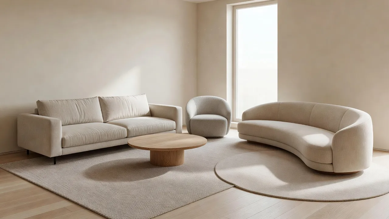 Uma sala de estar em L fotorrealista com zonas de mobiliário destacadas das paredes e um sofá curvo a suavizar uma disposição angular incómoda, gerada com design de interiores com IA