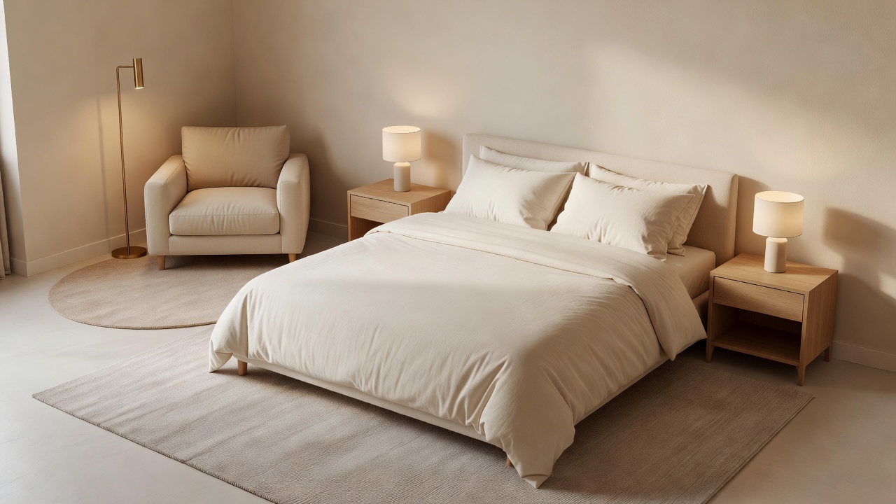 Um quarto em L fotorrealista com a zona da cama a ancorar o braço mais comprido e um pequeno cantinho de leitura no braço mais curto, gerado com design de interiores com IA
