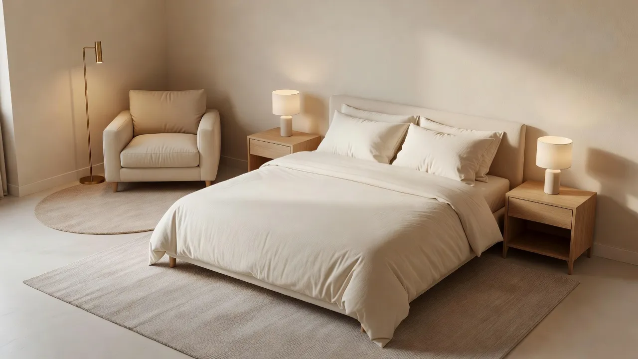 Um quarto em L fotorrealista com a zona da cama a ancorar o braço mais comprido e um pequeno cantinho de leitura no braço mais curto, gerado com design de interiores com IA