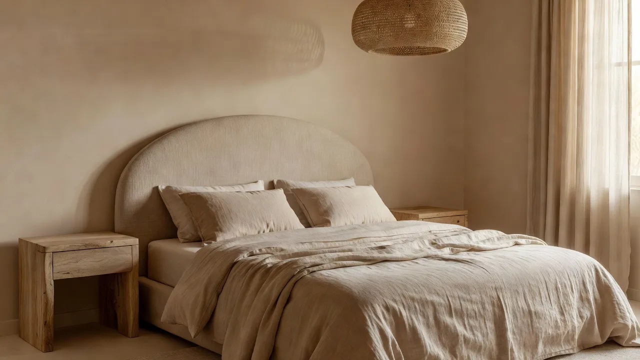Une chambre organique moderne photoréaliste avec une tête de lit tapissée arrondie, des tables de chevet en bois non laqué, du linge de lit en lin épais et une lampe suspendue tressée