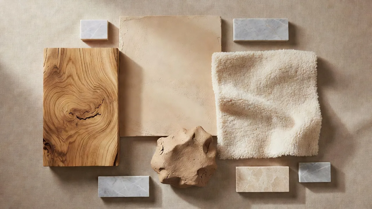 Une palette de matériaux à plat pour le design d'intérieur organique moderne montrant du chêne brut, du plâtre à la chaux, du tissu bouclé, de l'argile et des échantillons de pierre dans des tons neutres chaleureux
