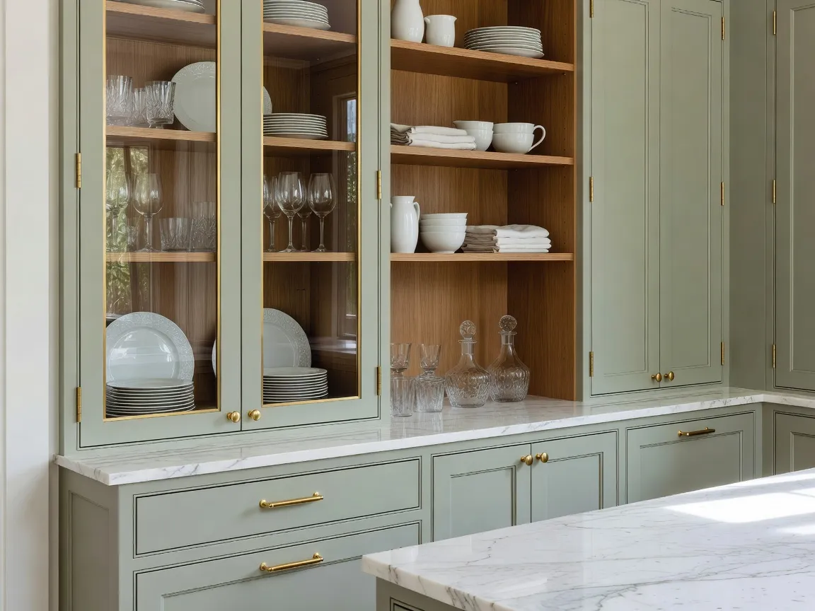 A photorealistic butler's pantry with glass-front upper cabinets, open wood shelving for serveware, and closed lower cabinets, designed with ai pantry design