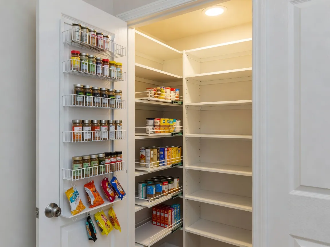 A photorealistic small reach-in pantry closet with a door-mounted wire rack and slim pull-out shelving, designed with ai pantry design