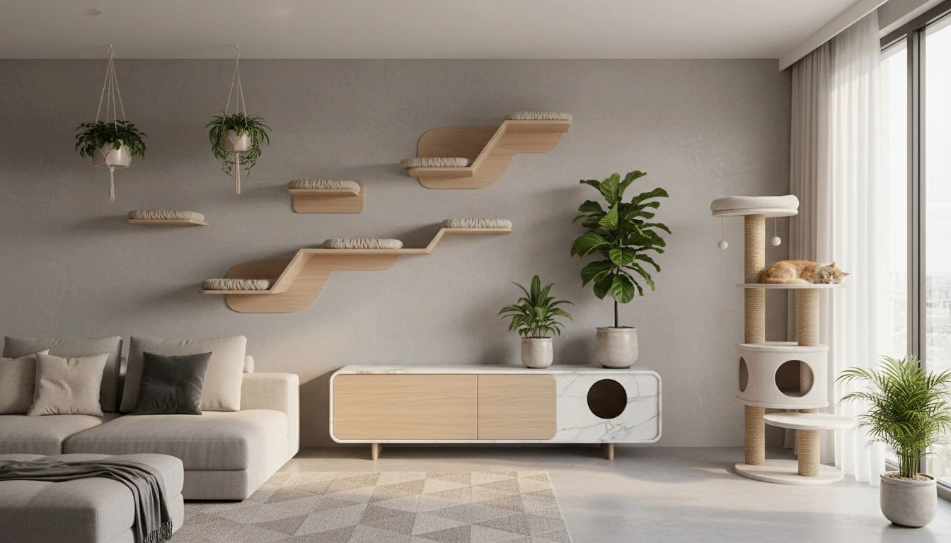 Cat-friendly modern interior with floating wall shelves as climbing path, cat tree near sunny window, and hidden litter cabinet styled as console
