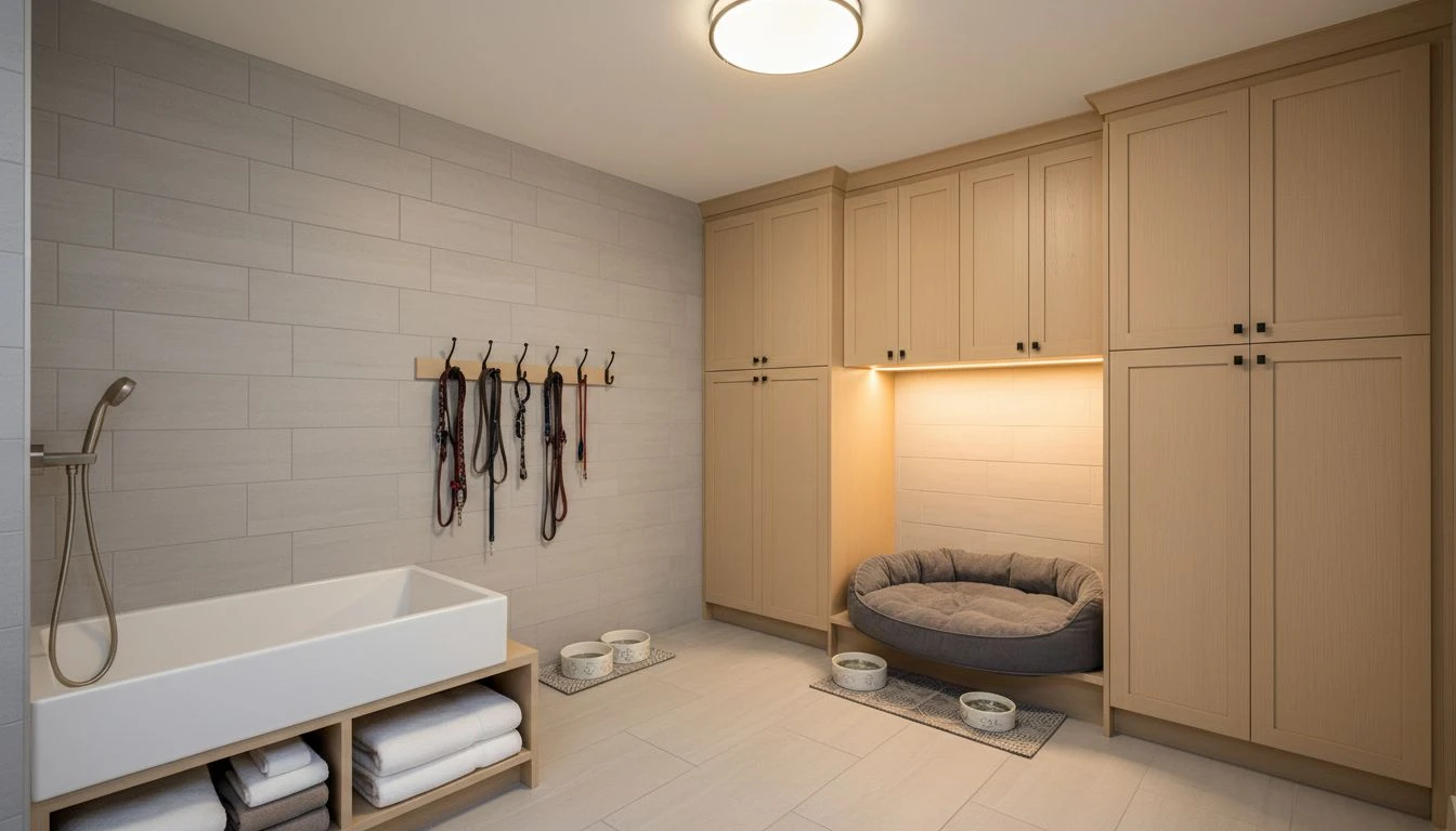 AI design for dogs showing modern mudroom with built-in pet wash station, leash hooks, durable porcelain tile, and dog bed nook