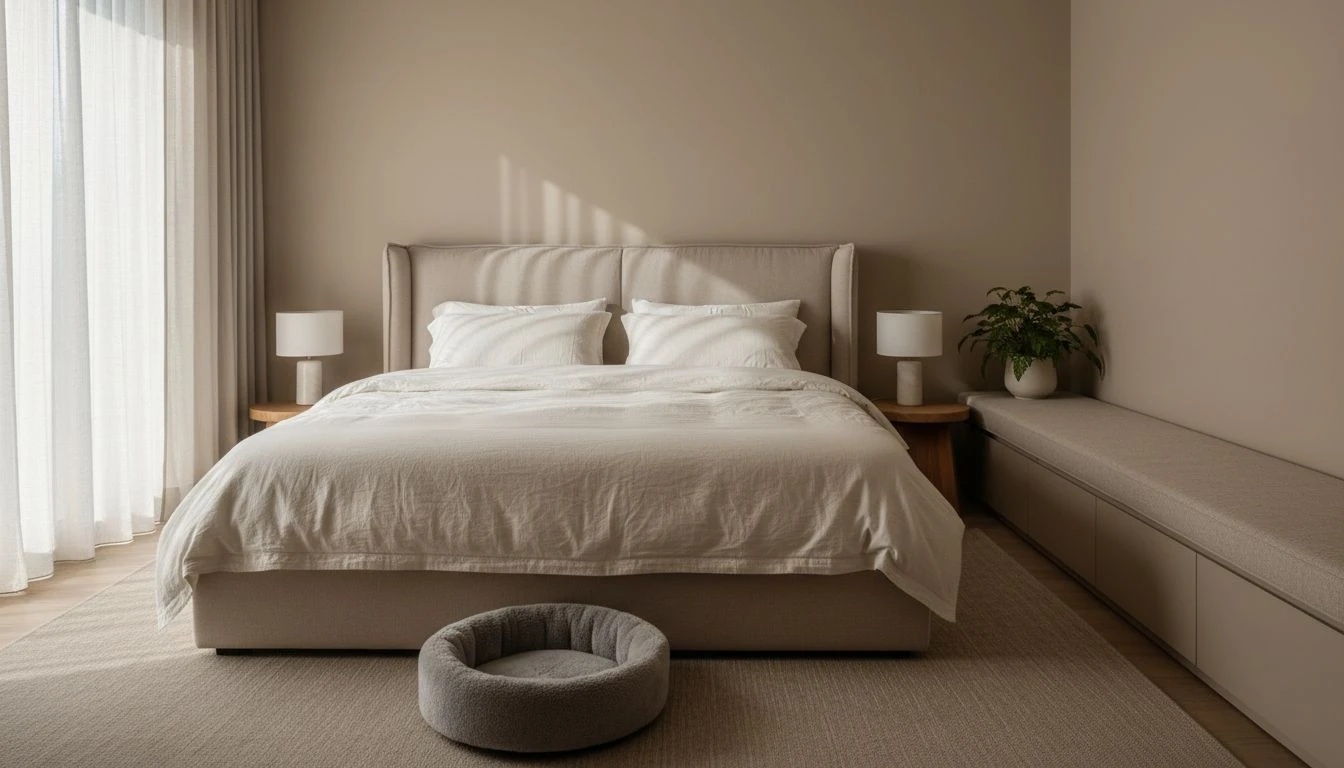 Pet-friendly bedroom with small dog bed at foot of upholstered bed, washable cotton duvet, low-pile bedside rug, and integrated bench storage