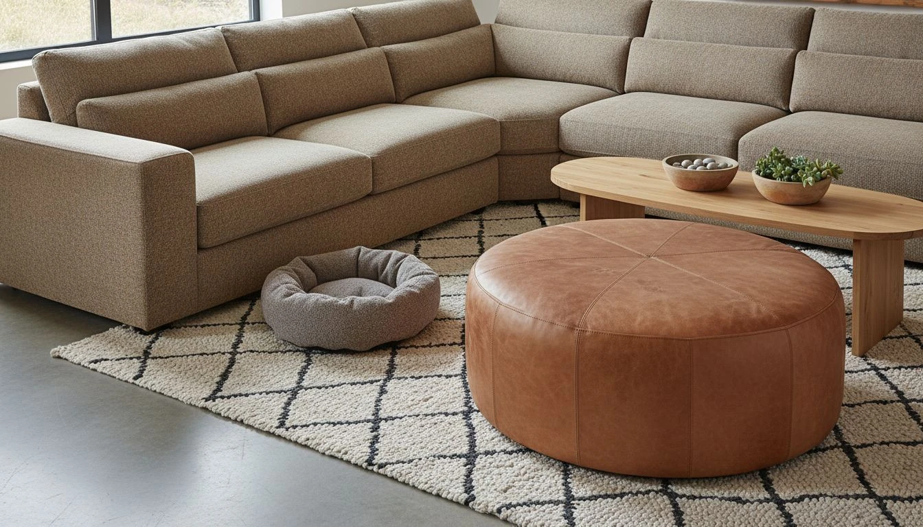 Pet-friendly living room with performance fabric sectional, indoor-outdoor rug, leather ottoman, and oak coffee table with rounded edges