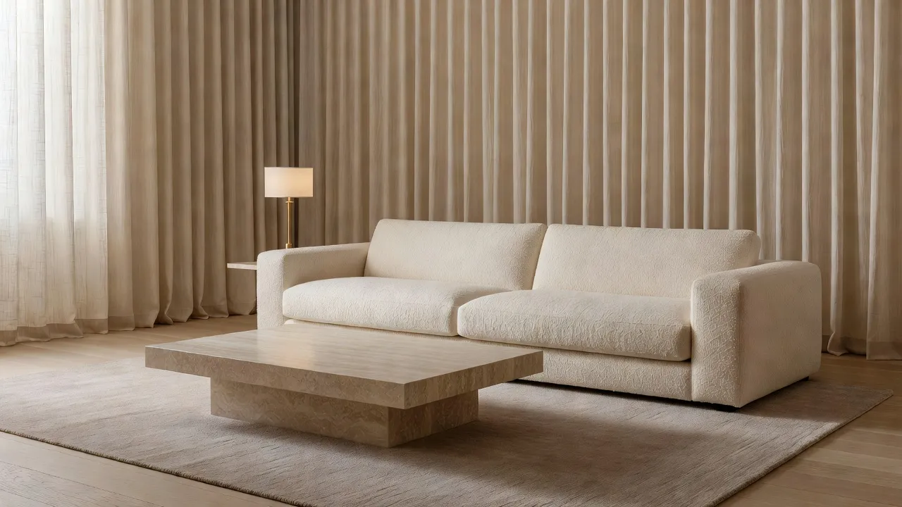 Un salon quiet luxury photoréaliste avec un canapé en bouclé ivoire chaud, une table basse en travertin, des rideaux en lin et un éclairage doux et indirect, créé avec le design d'intérieur par IA