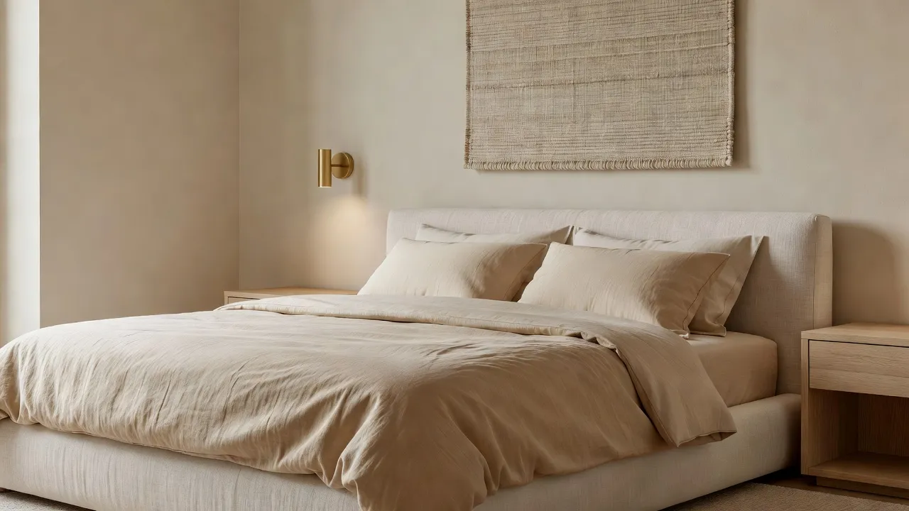 Une chambre quiet luxury photoréaliste avec un cadre de lit bas capitonné en lin, un linge de lit superposé en neutres chauds, un éclairage en laiton mat et une tenture murale tissée unie