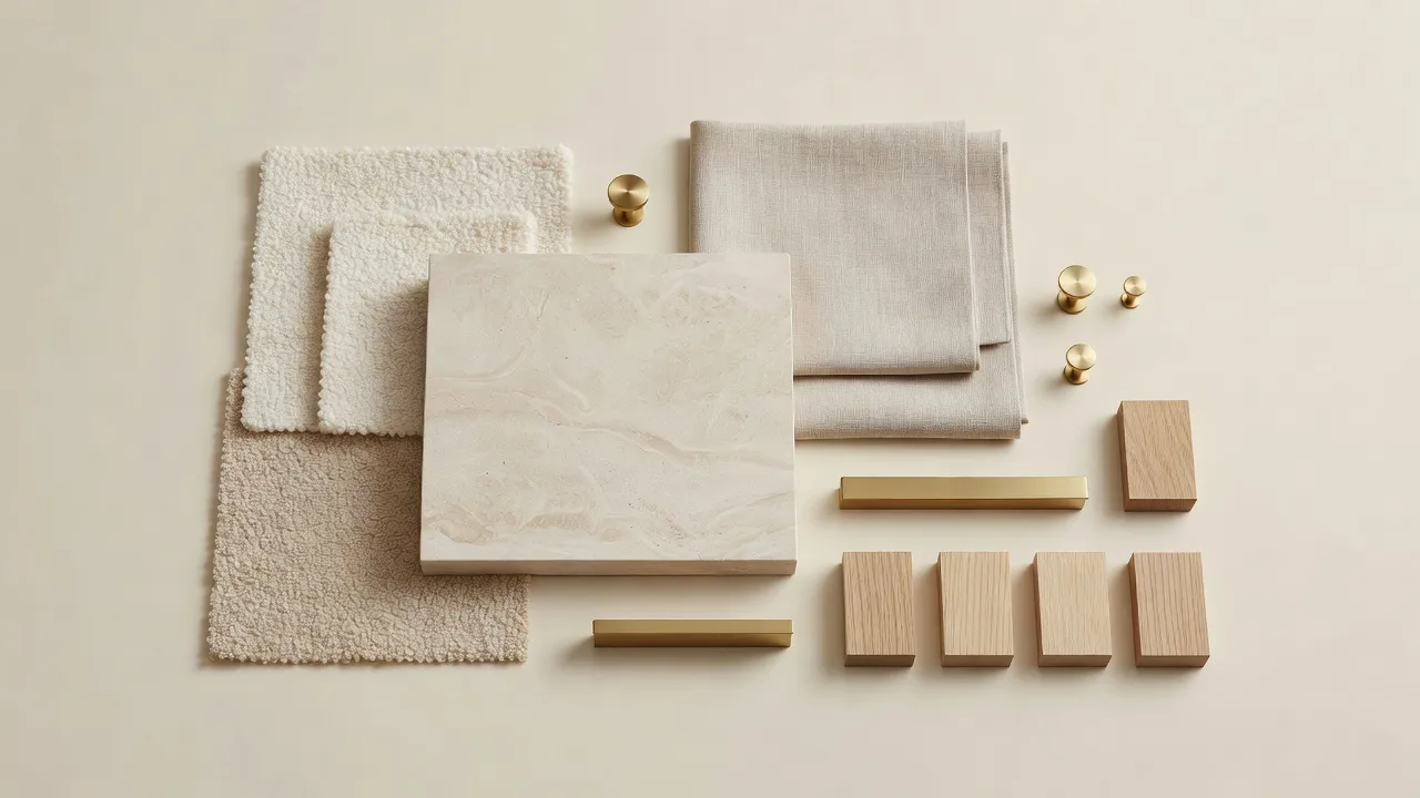 Une palette de matériaux à plat pour le design d'intérieur quiet luxury montrant de la pierre de travertin, des échantillons de tissu bouclé, du lin, des ferrures en laiton brossé et des échantillons de bois de chêne clair dans des tons ivoire chaud et taupe