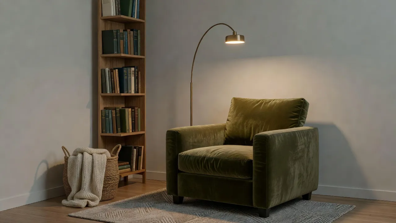 An olive green velvet armchair in a bedroom corner with an arc floor lamp, a tall narrow wooden bookcase, a woven basket with a wool blanket and a small grey rug