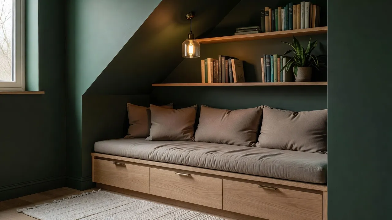 A built-in oak bench with drawers and taupe cushions under a sloped ceiling painted deep green, with two floating shelves holding books and a plant and a glass pendant lamp