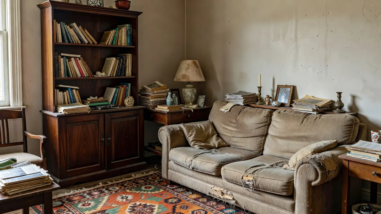 Un salon photoréaliste avec un mobilier dépareillé, des surfaces encombrées et une palette de couleurs incohérente, le type de pièce que l'Analyse de Pièce par IA est conçue pour critiquer