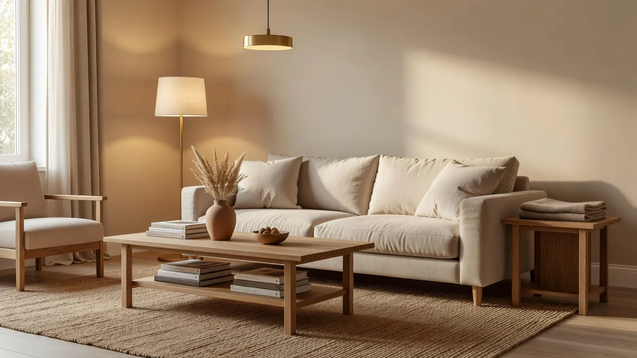 Un salon rénové photoréaliste avec une palette neutre cohérente, un éclairage superposé et un mobilier assorti, le type de résultat que vise le plan d'action d'un Rapport de Design DecorAI