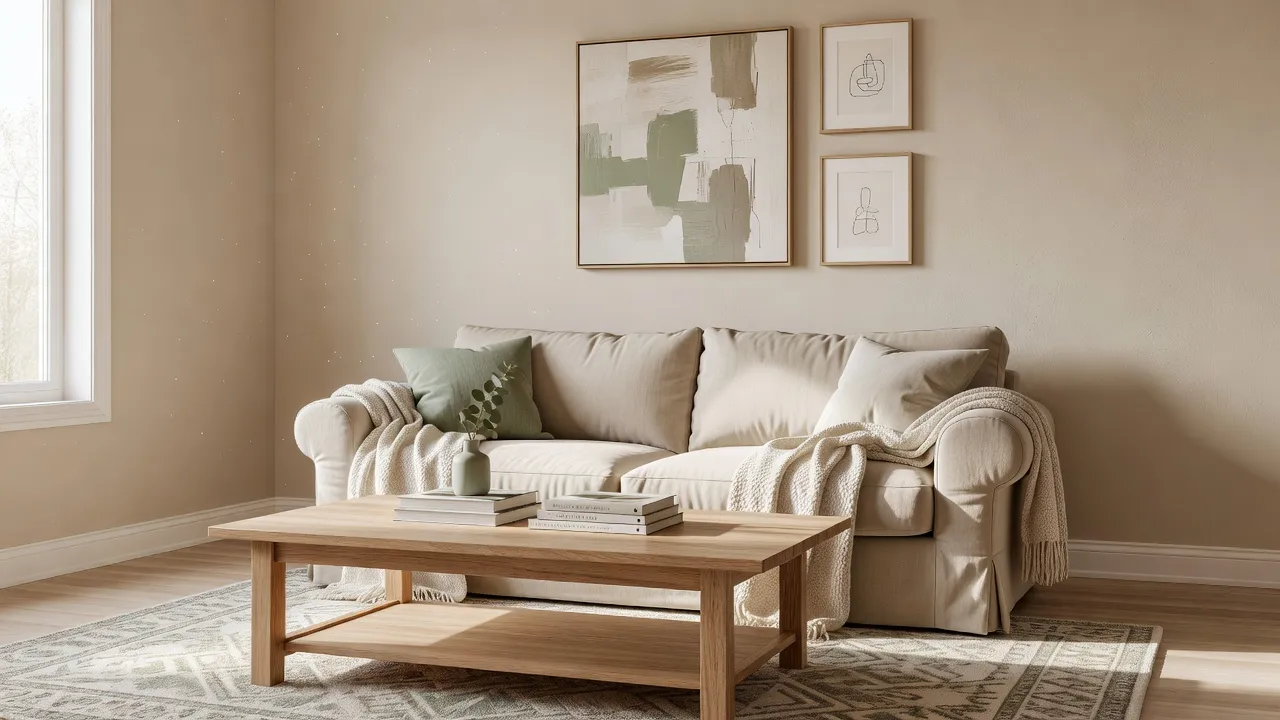 Un salon photoréaliste après rénovation, avec un mobilier cohérent, une palette neutre chaude et un éclairage superposé, reflétant le type de plan d'action que rédige un Rapport de Design