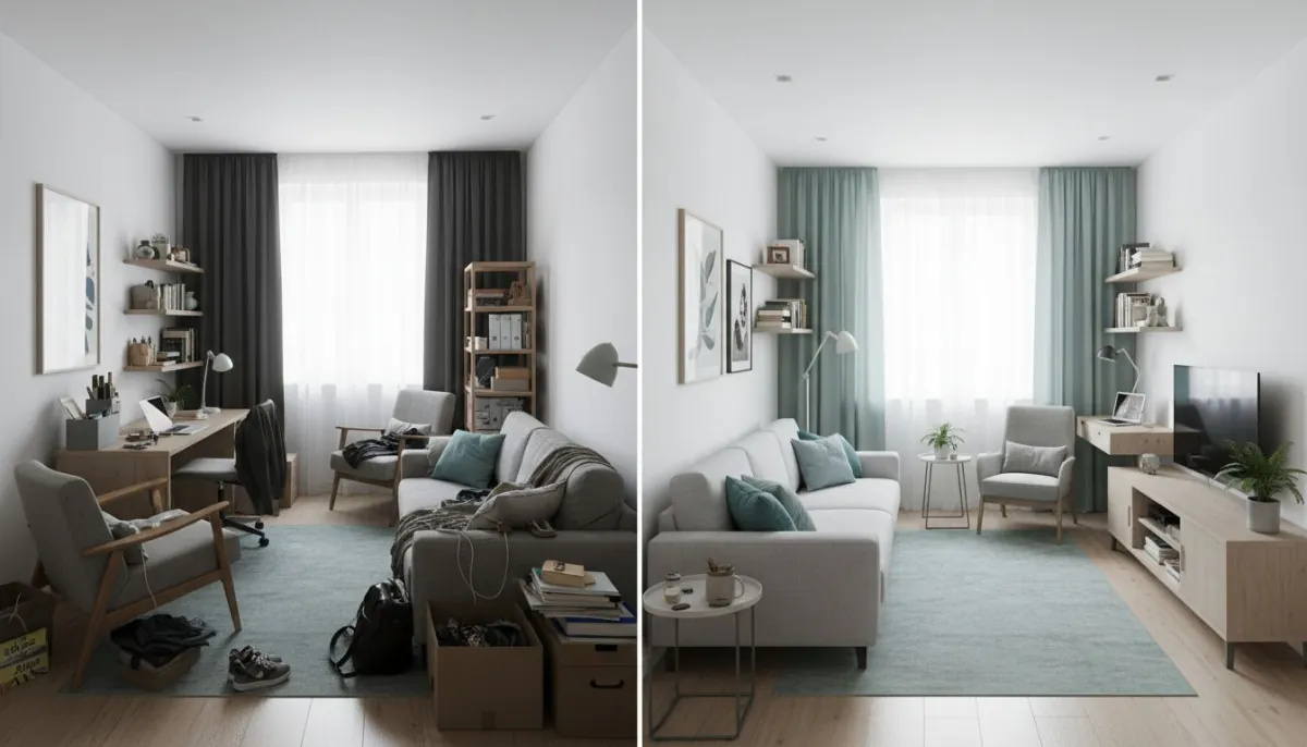 AI room layout planner before after compact room comparison showing decorai optimized flow